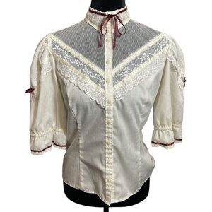Gunne Sax Vintage 70s Lace Blouse High Neck Short Sleeve Top Jessica's Gunnies